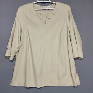 Giorgio Fiorlini Embroidered Tunic Top Womens 18 Tan Linen 3/4 Sleeves V-Neck